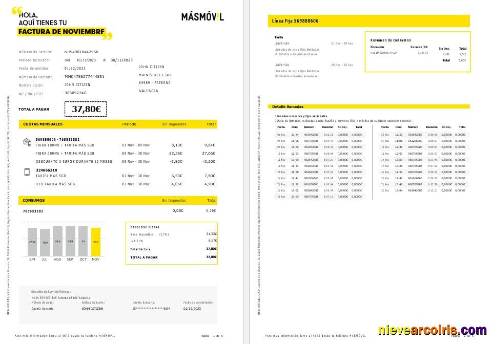 Spain Masmovil internet and mobile utility  bill, 5 pages